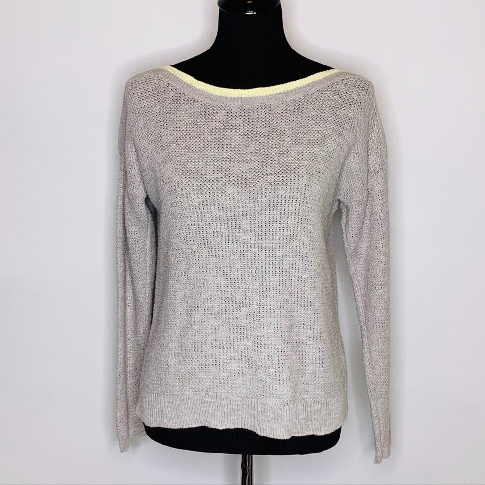 Eileen Fisher light gray yellow trim linen blend sweater size Petite Large PL
